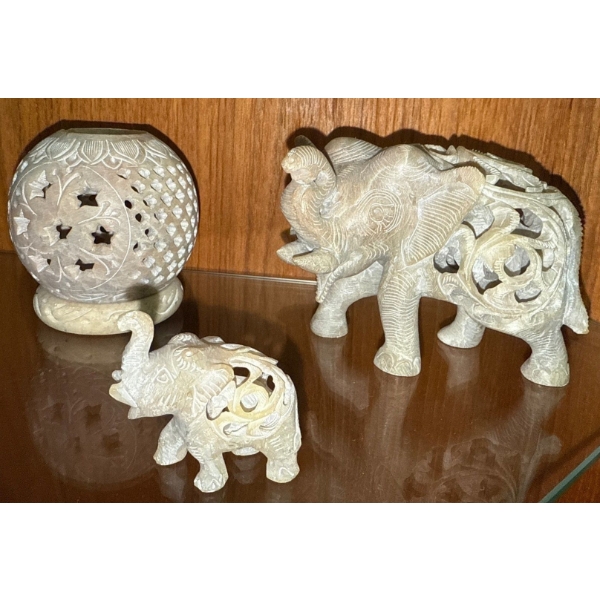 Intricately Carved Soapstone Elephants From India 'Jali' Style (5L) w/ Round Carving 