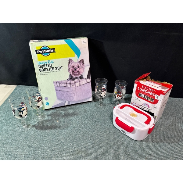 Brand New Never Used-Pet Car Seat and Electric Lunch Box, Christmas Cups