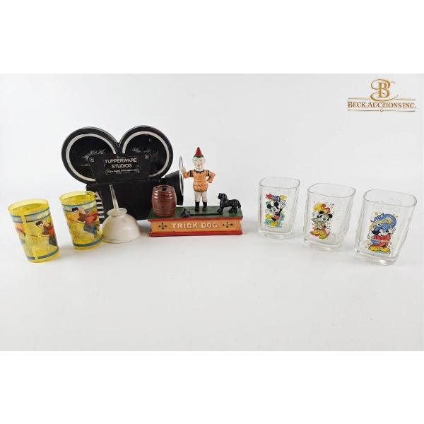 TUPPERWARE STUDIOS Three Clear Glasses Of A McDonald's Disney Trick Dog' Mechanical Coin Bank & More