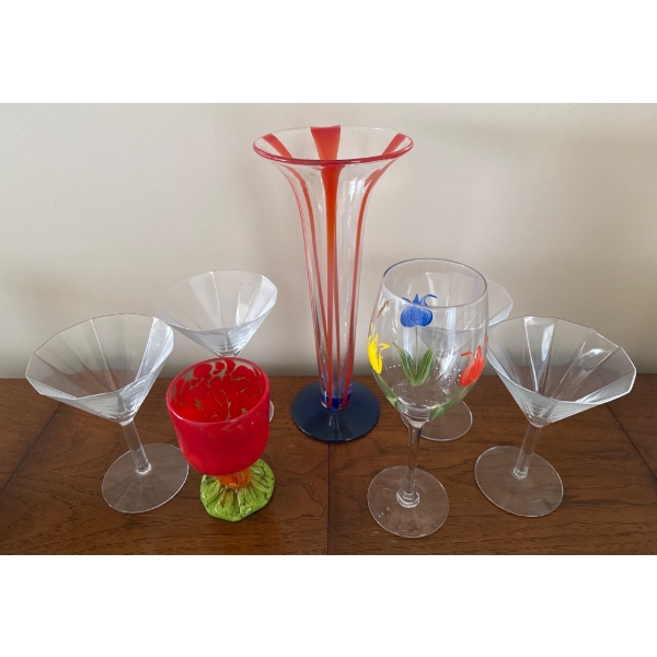 Glassware Including Vases, Wine, and Martini Glasses