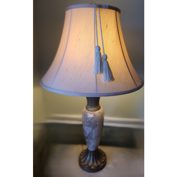 Pair of Marble Base Lamps w/ Tasseled Shade 32 T to Top of Finial 