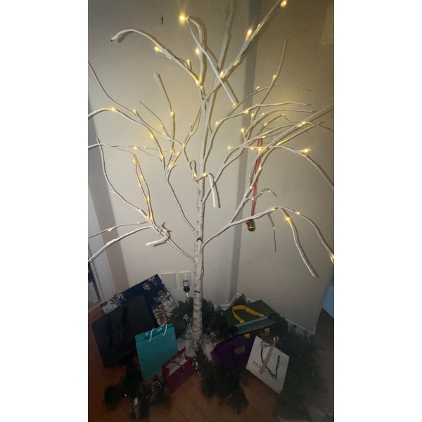 LED Faux Birch Tree w/ Holiday Garland & Assorted Designer Shopping Bags 