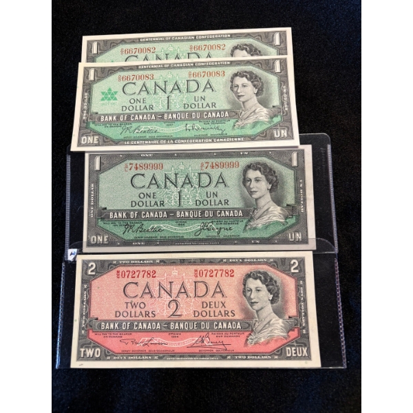  1954 Bank of Canada two dollar bill one dollar bill Sn#        D/L748999 & 2 Consecutive 1$ bills 