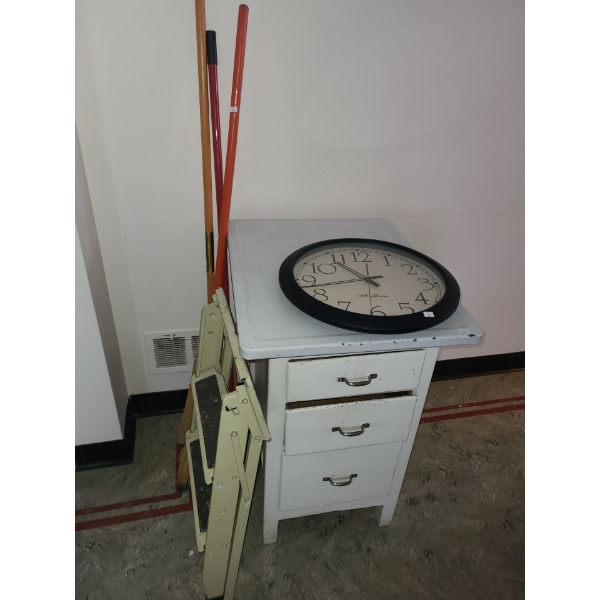 Wooden 3 Drawer Storage with Metal Top 31 T, 24 L, 21 W,  Clock, Brooms and Step Stool