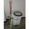 Image 1 : Wooden 3 Drawer Storage with Metal Top 31 T, 24 L, 21 W,  Clock, Brooms and Step Stool
