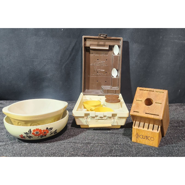 Vintage Housewares Lot Featuring Bowls, Cutco Knife Block, and Kar-N-Home Set