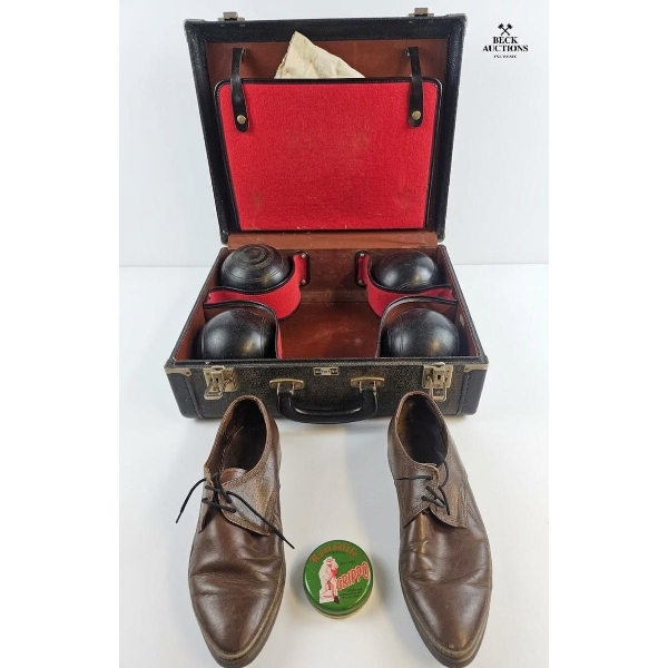Vintage Christie Lawn Bowling Set Includes Four Black Bowls And Brown Leather Bowling Shoes. 