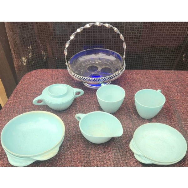 Blue Melamine Dishware and Cobalt Glass Basket