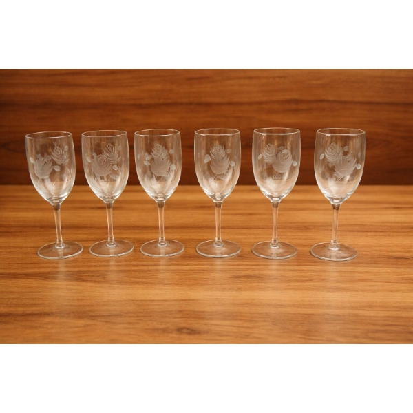 Three Etched Glass Wine Goblets with Floral Design