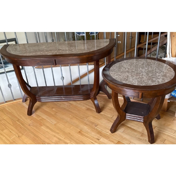 Pair of Matching Marble & Wood Side Tables - Large is 48w, 18d, 30t; Small is 26w, 24t 