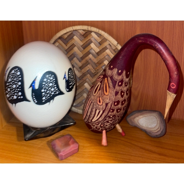 Asain Antique Primitive Bird Figurine w/ Painted Ostrich Egg & More