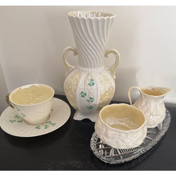 Vintage Belleek Irish Porcelain Shamrock Set w/ Crystal Tray 9"Tall