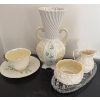 Image 1 : Vintage Belleek Irish Porcelain Shamrock Set w/ Crystal Tray 9"Tall