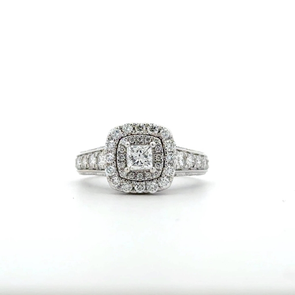 White Gold Ring with 0.35 ct Natural Diamond and Diamond Halo- 14 K Stamped