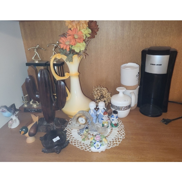 B&D Coffee Maker, Yellow Ceramic Vase 12 T, Wooden Cactus 5 W, 2.5 D, 10 T, Trophies, Praying 4 T