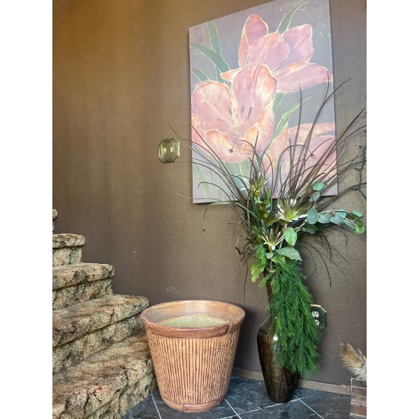 large planter With Vase Silk Plants & Large Flower Painting H39" w30"