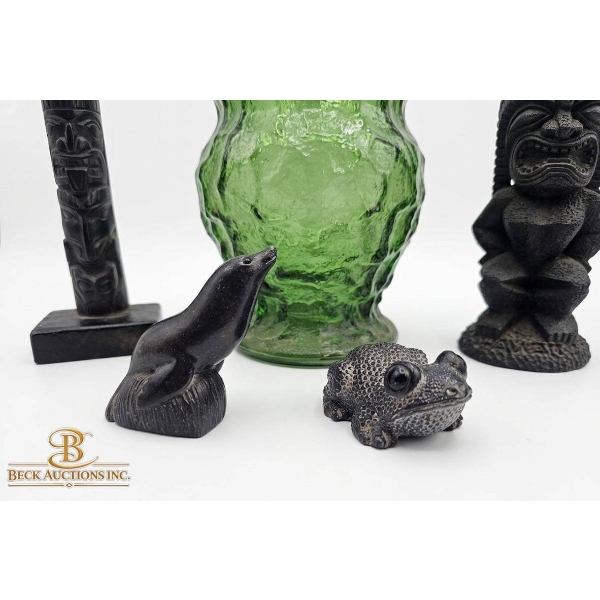 Carved Figurines and Textured Green Glass Vase