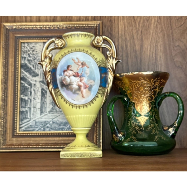 Antique Limoges Porcelain Urn w/ 22K Embellished Emerald Green Double Handled Vase  