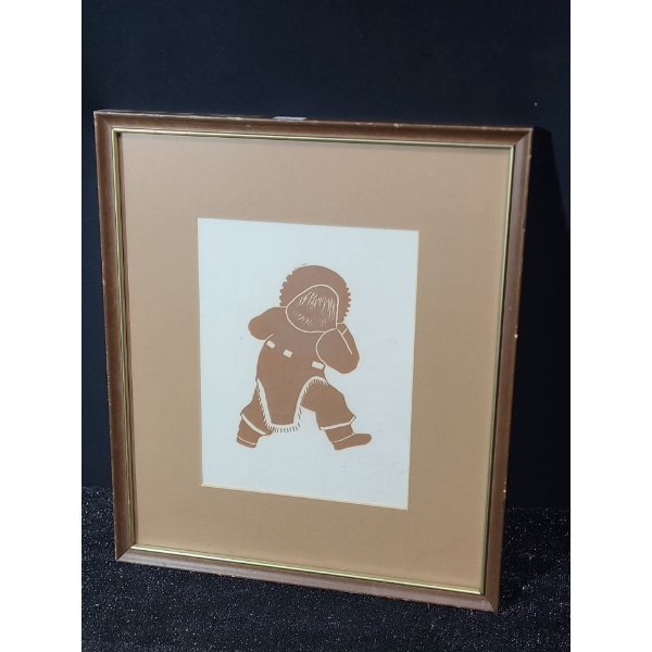 Untitled: Drummer, Artist: Unknown, Block Print Framed Under Glass 13.5 X 16.5