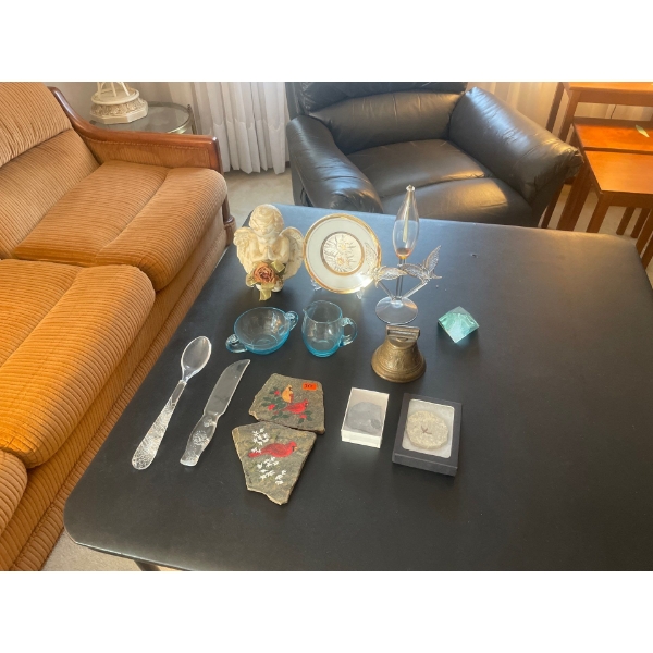 Selection of Glassware and ceramics, Angel, Glass Knife and Fork, Butterfly Oil Candle, Metal Bell, 