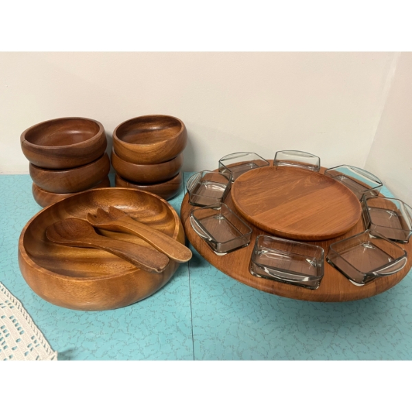 Vintage Danish Modern teak Lazy Susan serving set, along with 6 wooden bowls and a salad bowl with s