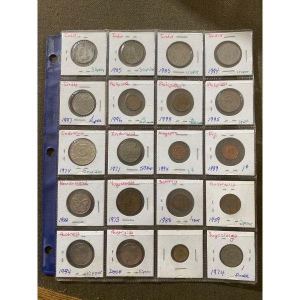 World Coins in Album Pages Featuring Multiple Countries