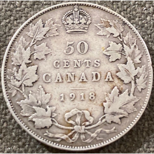 1918 Canadian Half Dollar Coin 92.5% Silver 11.62 Grams