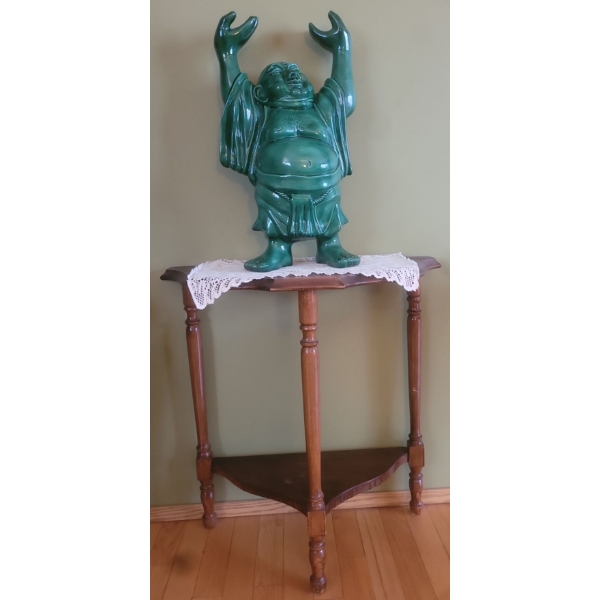 Lovely Vintage Wooden Halfmoon Small Side Table w/  Ceramic Buddha Decorative Pieces 