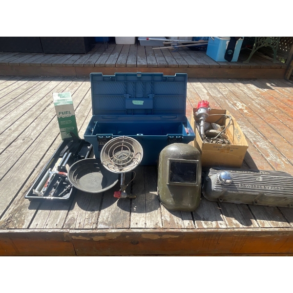 Tool Box with various Tools, Welding Helmet, Propane HeaterGold Pan, Various Car Parts.