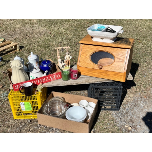 Wooden bread box damage shown in pictures, assortment of coffee, cups bowls, ceramic teapots