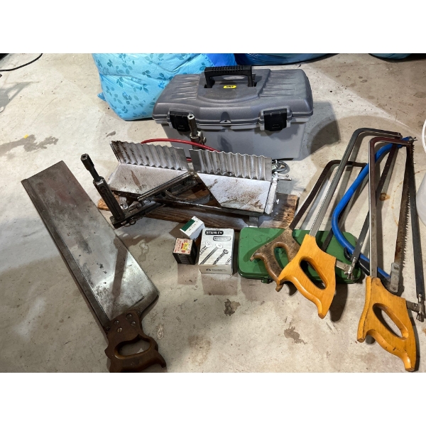 Vintage Langdon miter box, with assortment of antique saws socket sets toolbox