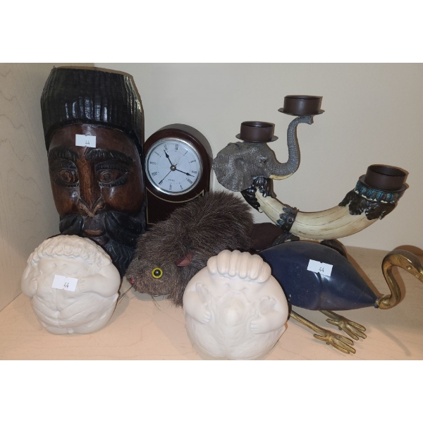 Carved Wooden Face Vase 10 T, Quartz Mantle Clock, Plush Beaver and Other Decor