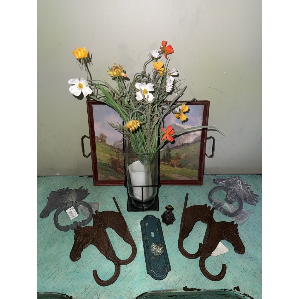 Decorative Assortment: Horse Head Hooks, Door Knockers, Vase with Flowers, and Framed Tray