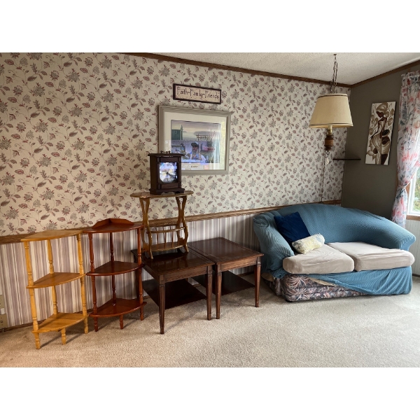  full living room, set up with couch, loveseat, small electric fireplace with manual and remote cont