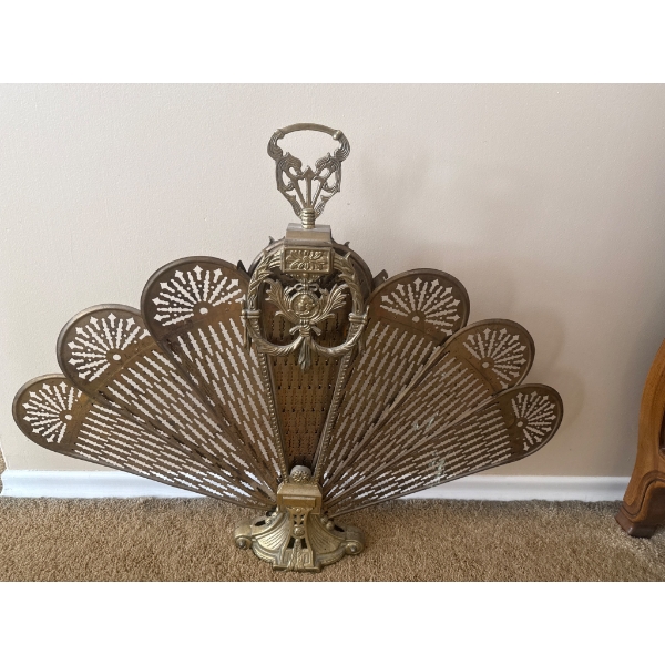 Ornate Brass Peacock-Style Folding Fireplace Screen