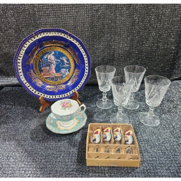 Decorative Plate,  Crystal Stemmed Glasses, Royal Albert “Enchantment” Teacup & Saucer And More.