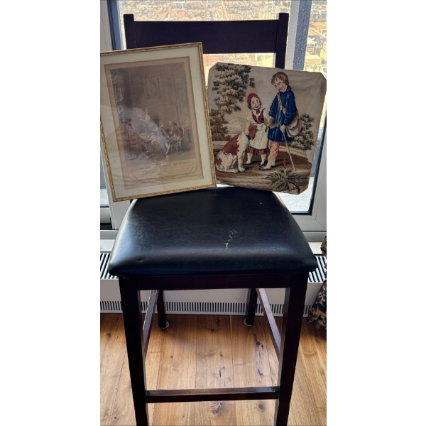 Vegan Leather Bar Stool 39T w/ Antique Wall Art 