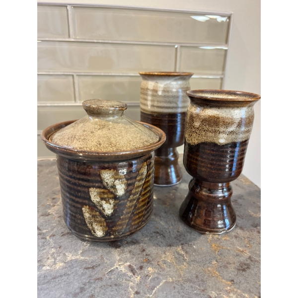 Vintage beaver flats pottery, a small lidded canister with 2 goblets . In brown tones
