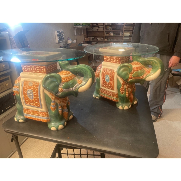 Porcelain Elephant Glass End Tables (2) 15 inches high and 20 inches diameter