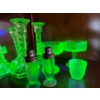 Image 2 : uranium glass candle holders two martini glasses, a shot glass and salt and pepper shakers