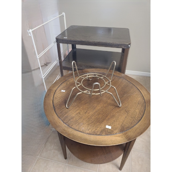 Wooden Table  22.5" Top 22.5 T, Metal Shelf 20 W, 15 D, 30 T, Drying Rack, Plant Pot Holder 