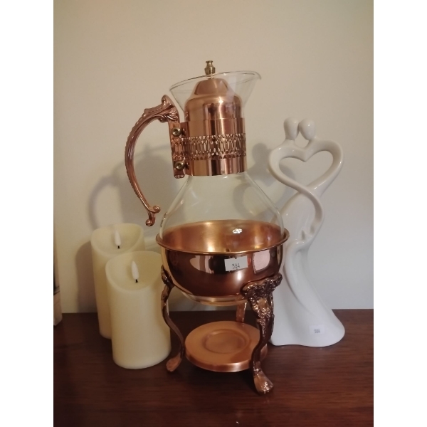 Vintage Copper Carafe Coffee Heat Proof Glass Decanter w/Warmer & Home Decor