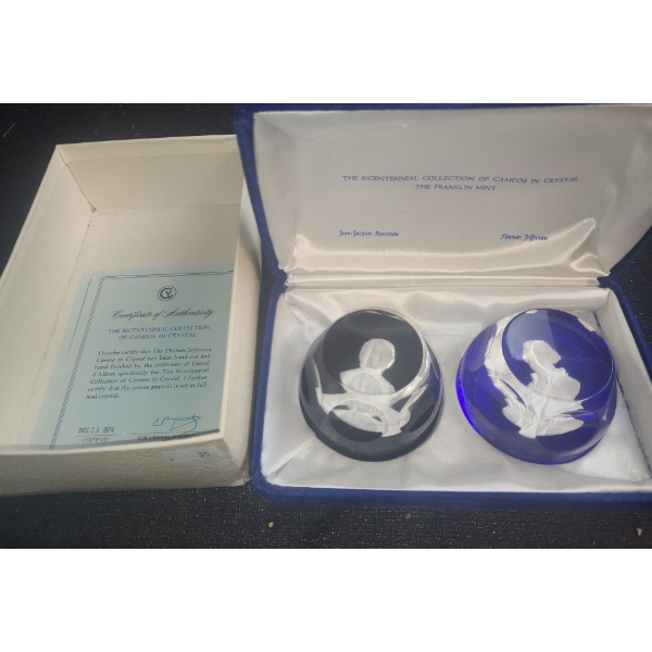 Franklin Mint- Baccarat Cameo in Crystal Paperweights: Jean- Jacques Rousseau and Thomas Jefferson