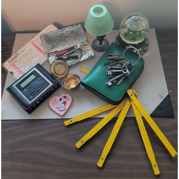 Desktop Essentials - Folding Meter Stick Antique Skeleton Keys Compass Post It Dispenser