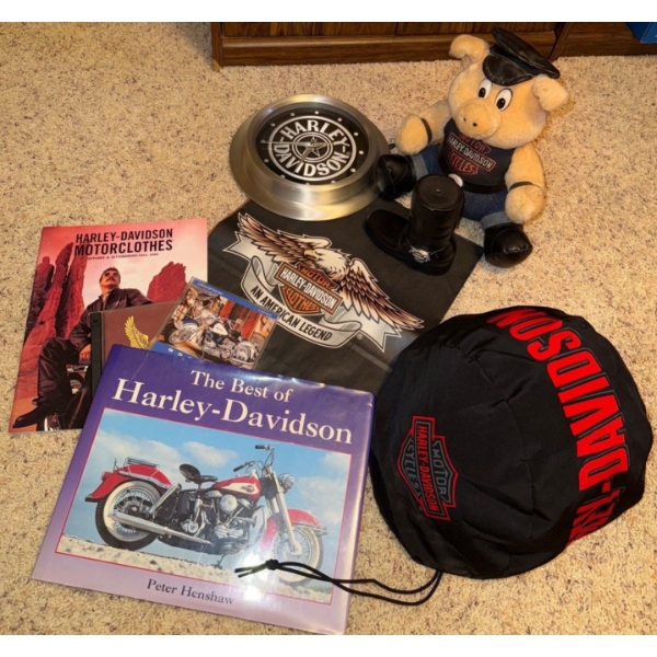 Bundle of Harley Davidson Collectibles-Book, Stuffy, Clock, Helmut(XL), CDs & More