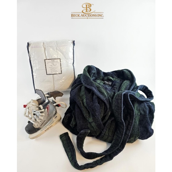 Pair Of Easton Ice Skates, A Plush Dark Green And Navy Plaid Bathrobe And A Packaged White Duvet 