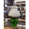 Image 2 : Green Glass Oil Lamp with White Hobnail Shade