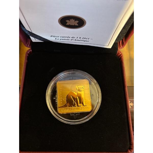 2011 $3 Wildlife Conservation: Black Footed Ferret - Sterling Silver, Gold-Plated Coin