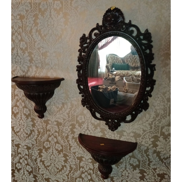 Lovely Hangable Wooden Shelves (4) and Mirrors (2), Plus a Wooden Stand (1) 