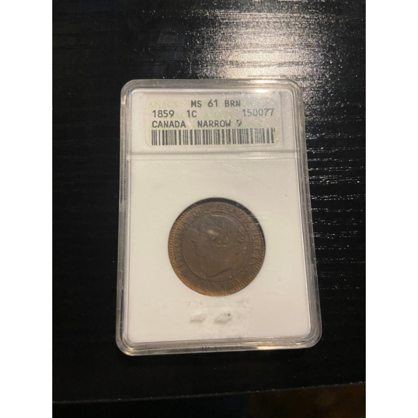 1859 Canadian 1c grade: ms-61 BRN  comment: narrow 9 